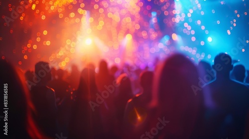 A couple is dancing in a crowded room with bright lights and blurry background