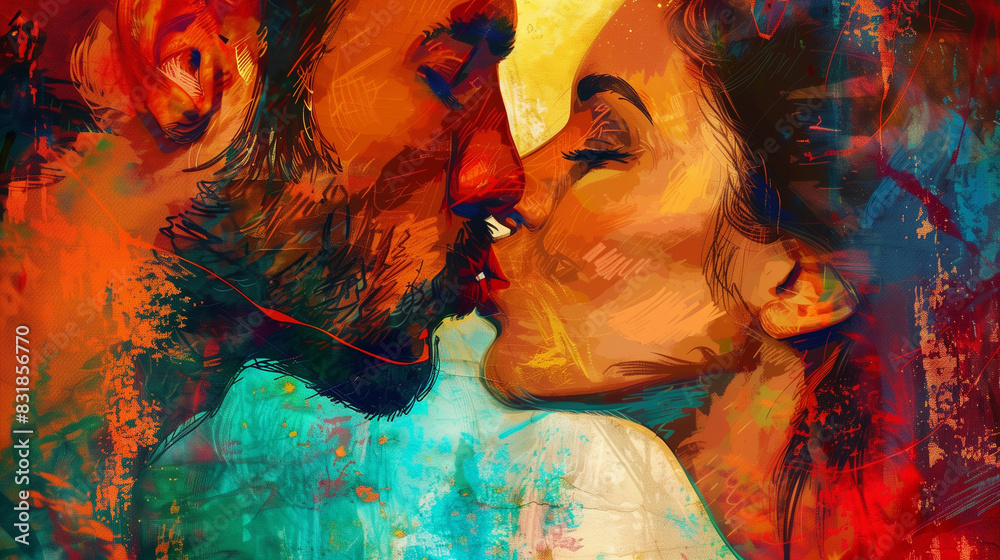 A passionate kiss between a handsome man and a charming woman who are in love with each other. The colorful image of a loving couple exudes warmth and joy, emphasizing their closeness.