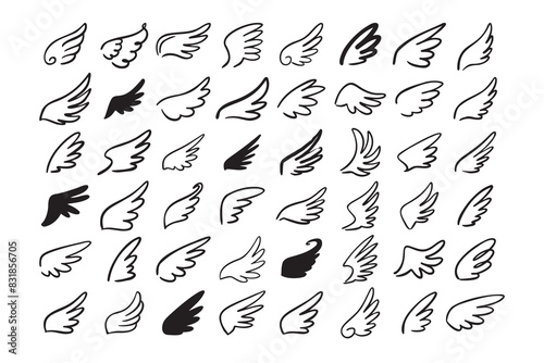 Doodle outline sketch angel wings. Angel feather wing, silhouette. Linear fly winged angels, flying heaven hand drawn doodle vector icons