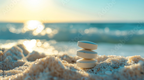 On the seashore, on a sandy beach, tablets are arranged vertically, creating a composition. Their organic nature and biological properties emphasize their value as a natural dietary supplement. photo