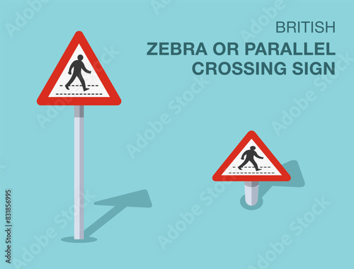 Traffic regulation rules. Isolated British "zebra or parallel crossing" road sign. Front and top view. Flat vector illustration template.
