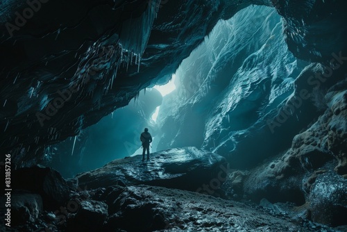  Caves are formed from either hot springs underneath glacier or meltwater from surface. Climber is 80 feet below surface of glacier photo