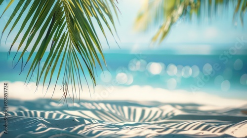 Fototapeta Naklejka Na Ścianę i Meble -  Showcase the idyllic charm of summer vacations with an image capturing the pristine beauty of a tropical beach, palm tree leaves casting shadows on the soft white sand.