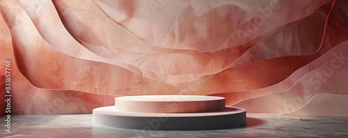Background abstract pink and orange minimalist podium with flowing fabric backdrop, ideal for luxury product display, cosmetics showcase, and elegant presentations.