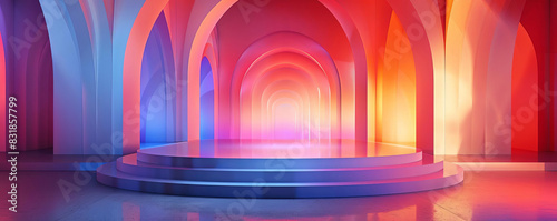 Colorful abstract futuristic interior with neon lights and arches, creating a dreamlike, vibrant.