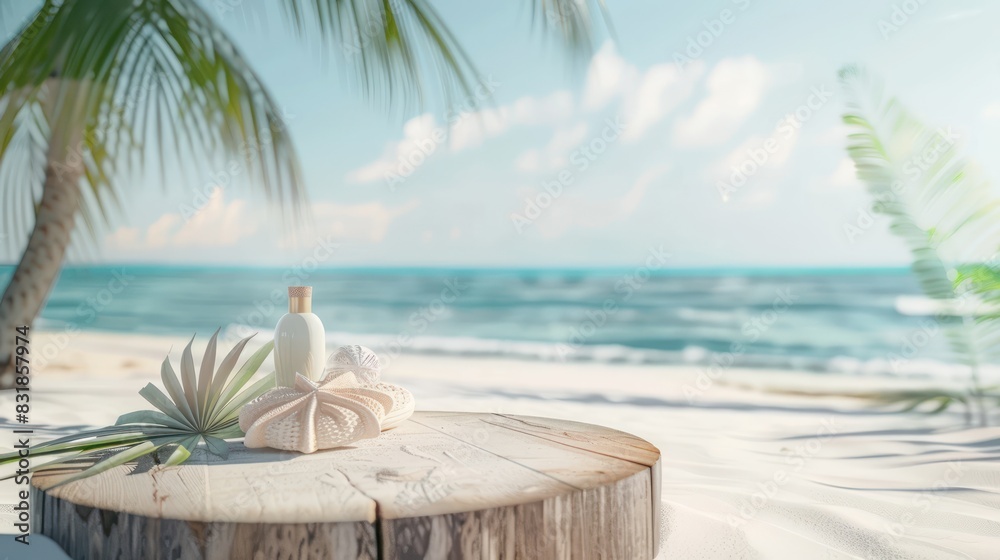 Obraz premium Highlight the laid-back vibe of beachside living with an image showcasing a wooden podium adorned with summer products, set against the azure waters and golden sands of a tropical beach.