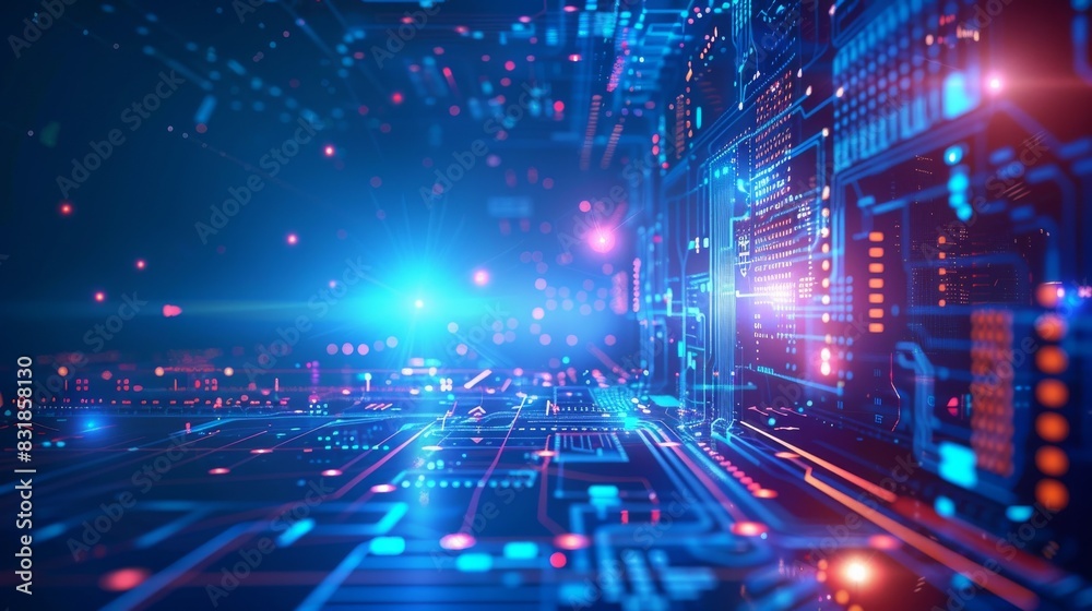 A futuristic space with a blue hologram screen in the center. The technology background A futuristic space with a blue hologram screen in the center. The technology background