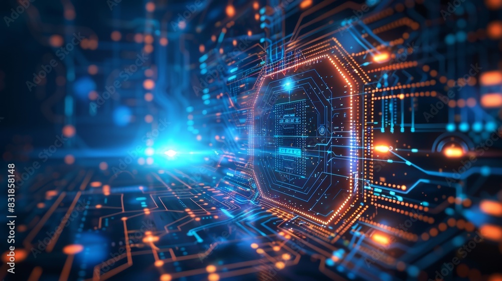 A futuristic space with a blue hologram screen in the center. The technology background A futuristic space with a blue hologram screen in the center. The technology background