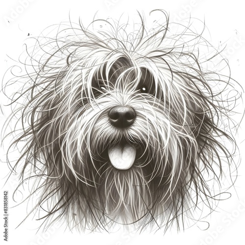A black-and white pencil drawing of a shaggy terrier dog