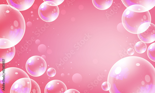 Abstract pink bubbles background. Transparent realistic soap bubble backdrop