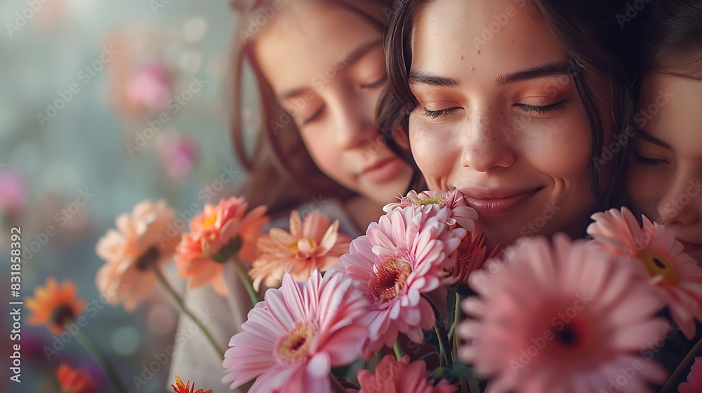a mother receiving flowers from her children on a solid purple background a mother receiving flowers from her children on a solid purple background