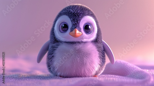 An endearing 3D art toy of a little penguin, waddling with a small fish in its beak. The penguin has a round, chubby body and big, bright eyes. The background is a solid pastel purple, with soft, photo