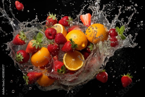 A dynamic splash of fruits including strawberries  oranges  and berries 