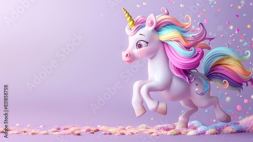 A posable 3D art toy unicorn with a sparkly horn and a flowing mane of colorful yarn  prancing on one hoof. Soft  warm light illuminates the unicorn against a calming lavender background. Cartoon 