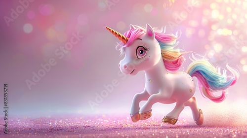 A posable 3D art toy unicorn with a sparkly horn and a flowing mane of colorful yarn, prancing on one hoof. Soft, warm light illuminates the unicorn against a calming lavender background. Cartoon, photo