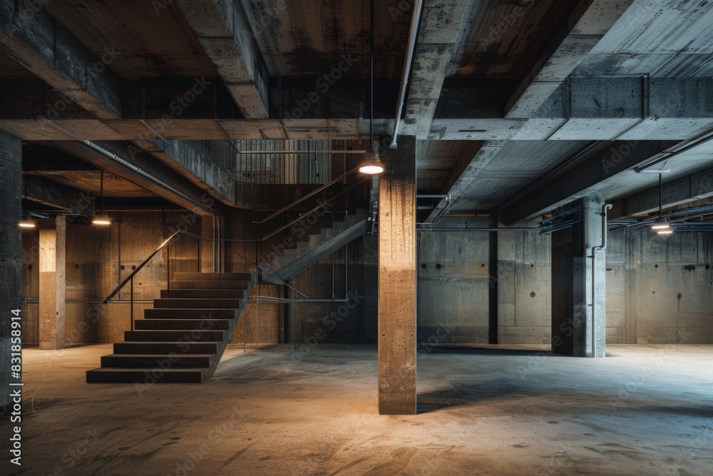 Empty basement of modern building with concrete columns and stairs with metal pipelines and plumbing system with electric lines on ceiling