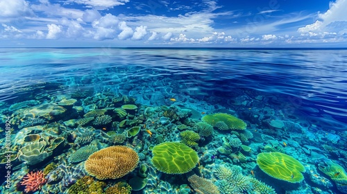 A scenic overlook reveals a vibrant coral reef teeming with colorful marine life in crystal-clear waters.