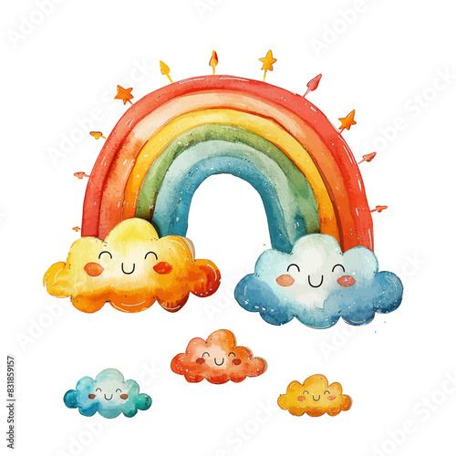 Set of vector hand drawn nursery elements, clouds rainbow, stars, wall stickers