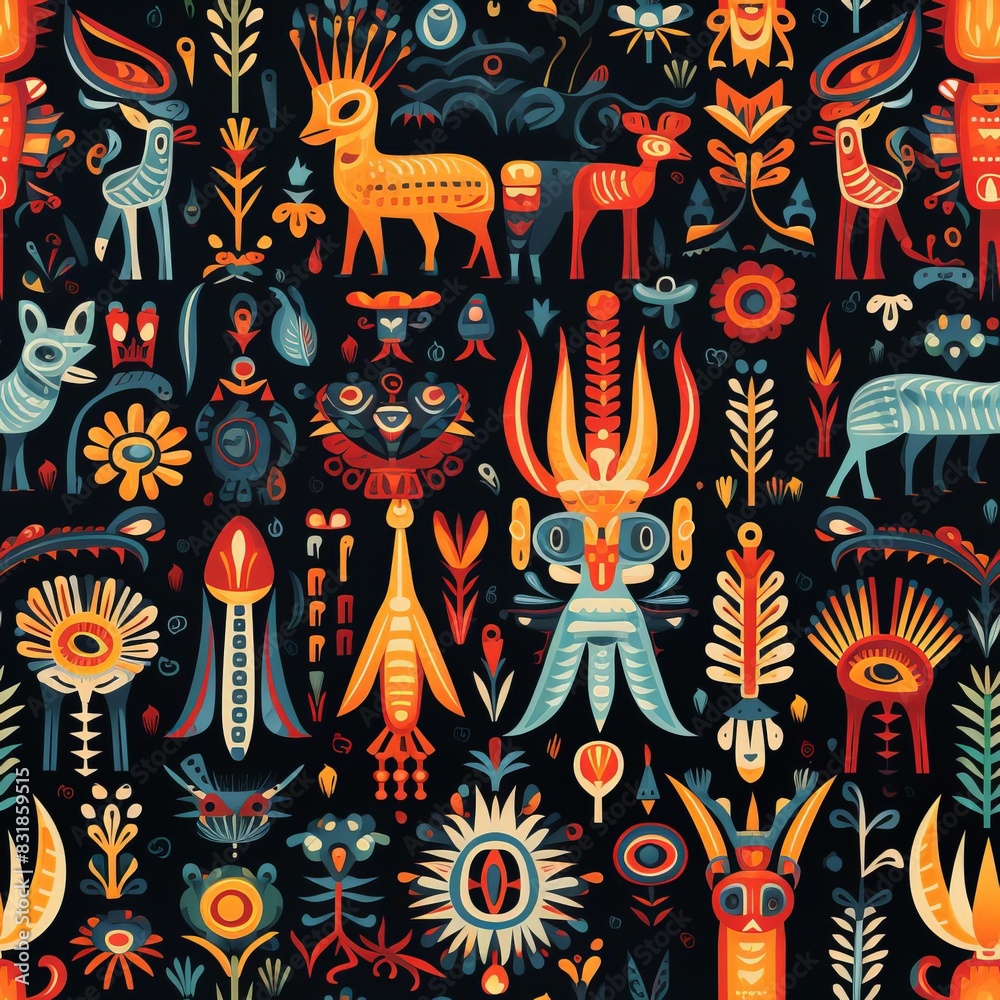 Fototapeta premium Balinese Ikat intricate animal motif, bright color palette, handwoven craftsmanship, traditional tribal patterns, detailed animal designs, cultural heritage, high resolution