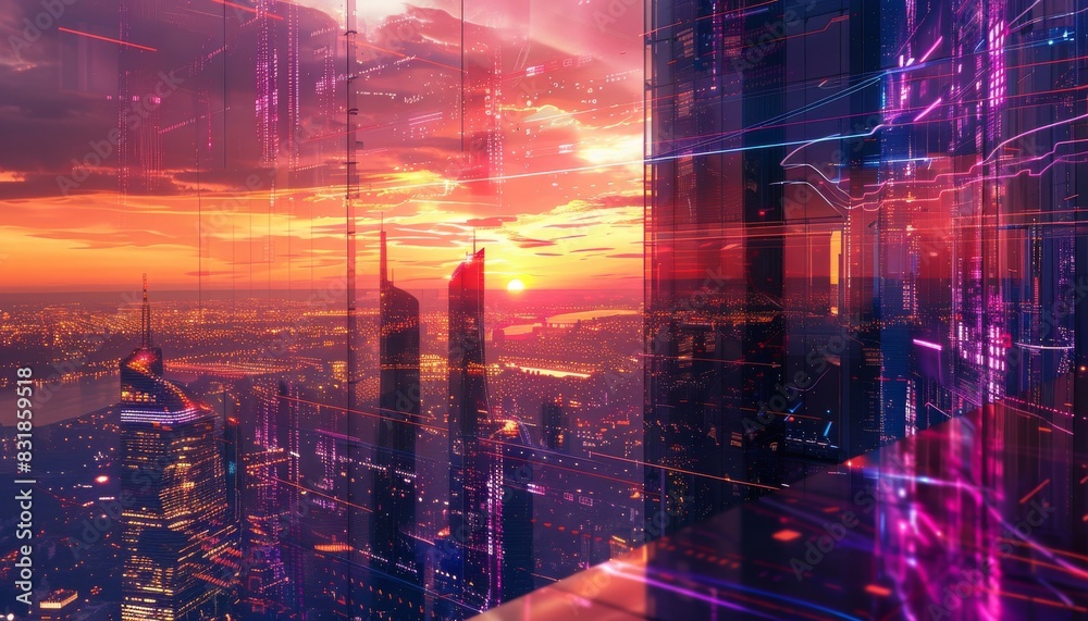 Design a futuristic skyscraper with a glassy facade reflecting a sunset sky, showcasing intricate interior structures in neon lights