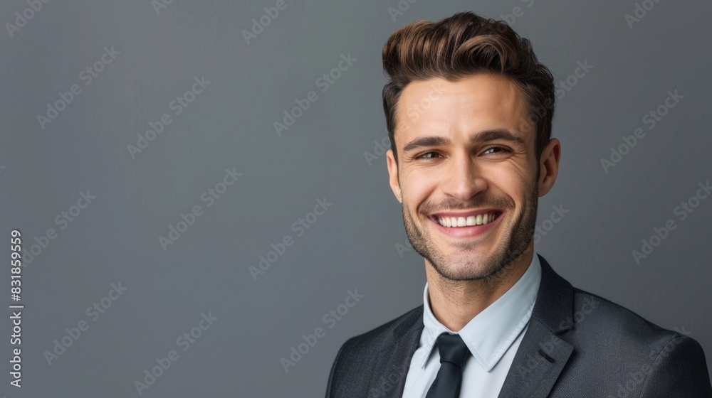 Confident Young Businessman Smiling in Professional Attire on Grey Background
