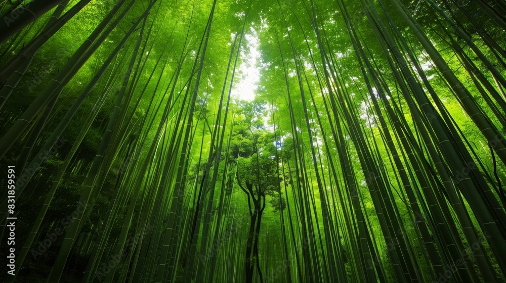 A dense bamboo forest with towering stalks forms a lush green canopy, creating a mystical, tranquil escape. A dense bamboo forest with towering stalks forms a lush green canopy, creating a mystical, tranquil escape.