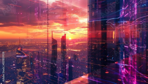 Design a futuristic skyscraper with a glassy facade reflecting a sunset sky  showcasing intricate interior structures in neon lights