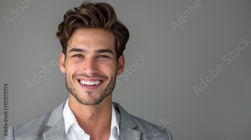 Handsome Young Man Smiling Confidently in Gray Suit on Neutral Background