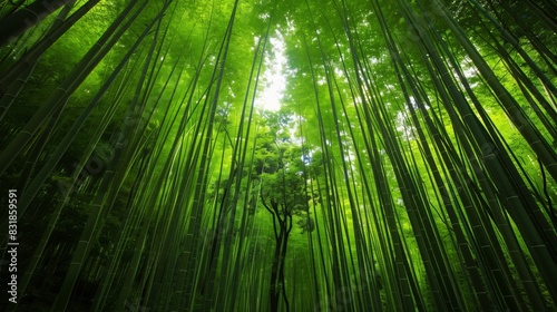A dense bamboo forest with towering stalks forms a lush green canopy  creating a mystical  tranquil escape.