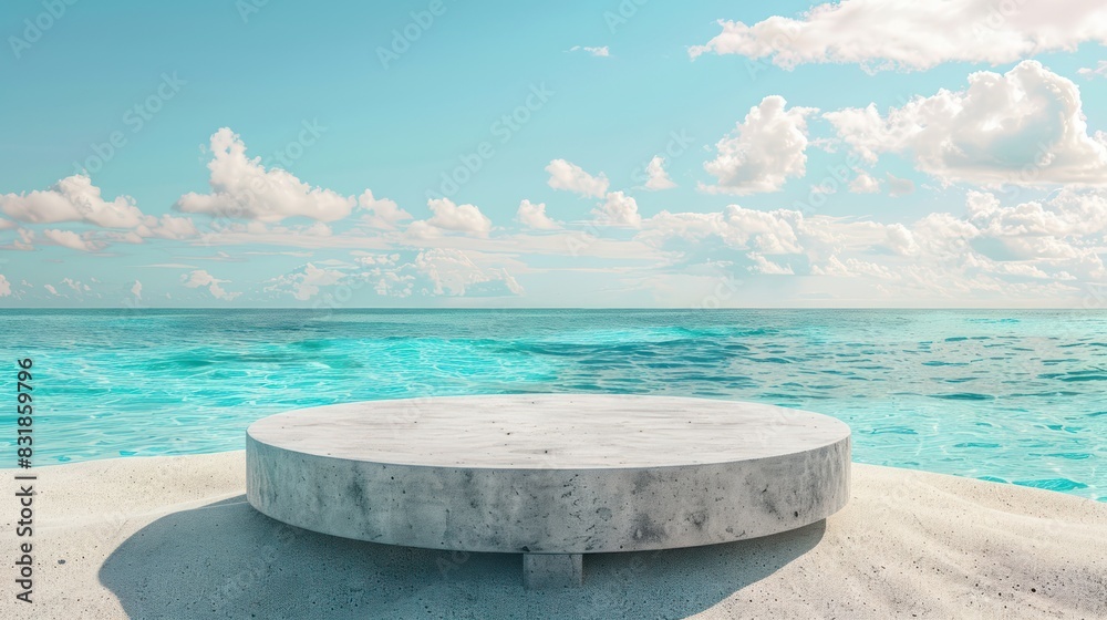 Highlight the allure of tropical paradises with an image showcasing a sandy beach and crystal-clear sea backdrop, accented by an abstract stone podium, providing an elegant display for summer-themed. Highlight the allure of tropical paradises with an image showcasing a sandy beach and crystal-clear sea backdrop, accented by an abstract stone podium, providing an elegant display for summer-themed.