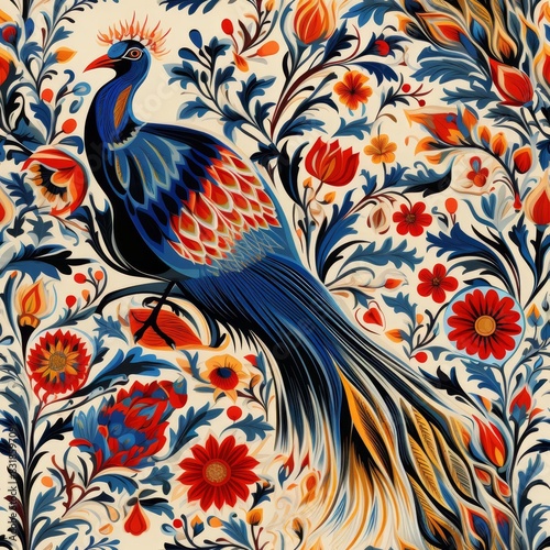 Khan Atlas Ikat bird motif, bold colors, luxurious silk, detailed avian patterns, traditional craftsmanship, ethnic design, cultural heritage, high resolution