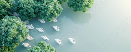 Captivating aerial view of swans swimming in a placid lake, perfect for your text