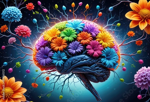 brain with neurons branching out into vibrant flowers  representing the blossoming of ideas and creativity.