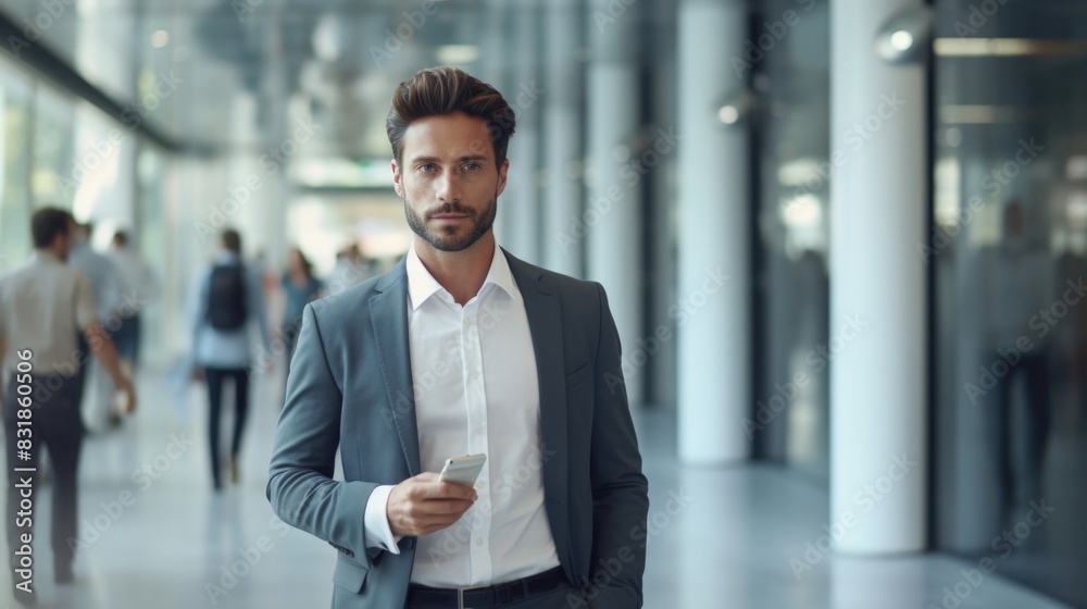 Confident Businessman Walking in Corporate Office Environment Holding Smartphone Confident Businessman Walking in Corporate Office Environment Holding Smartphone