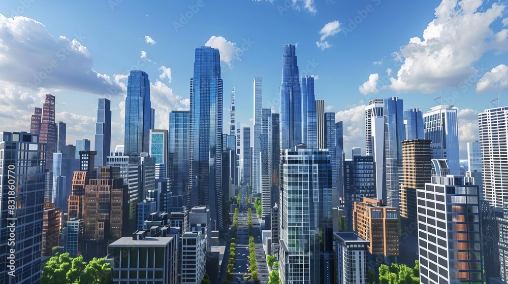Fototapeta premium A stunning modern city skyline with towering skyscrapers and blue sky, offering a breathtaking urban landscape.