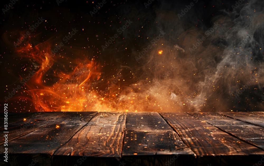 wooden table with fire burning, light smoke and golden sparks floating in the air
wooden table with fire burning, light smoke and golden sparks floating in the air