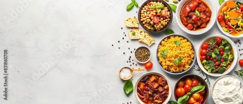 Wallpaper Mural Colorful Mediterranean food spread with various dishes, including salads, grains, and fresh ingredients on a light background. Torontodigital.ca