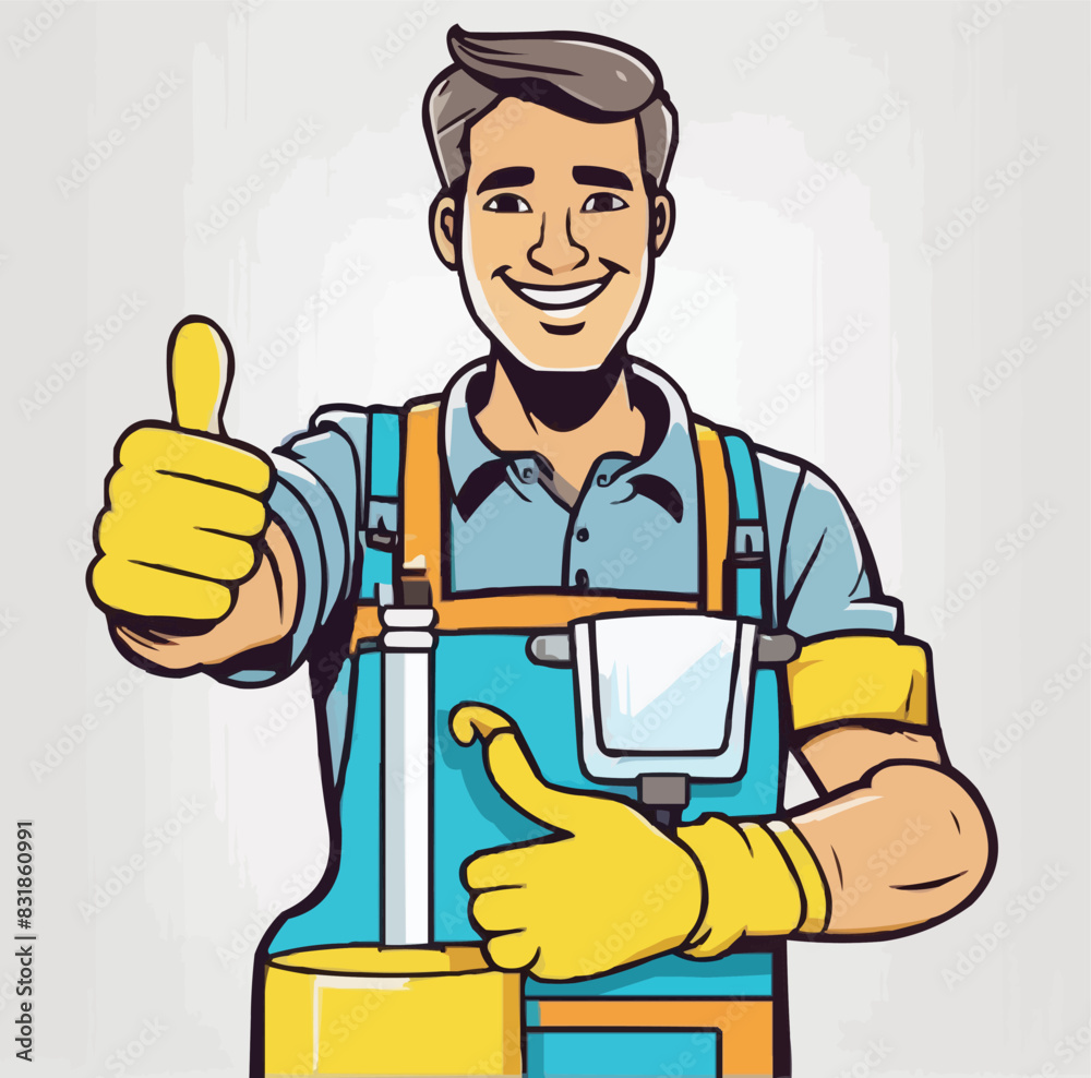 a cleaning man giving thumbs up vector illustration line art a cleaning man giving thumbs up vector illustration line art