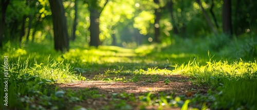 A serene dirt path surrounded by lush green vegetation and trees, leading into a forest under the warm sunlight. © nattapon98