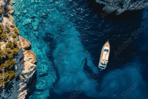 Luxury honeymoon cruise. Vacations of wealth people. Young successful couple travel and adventure on private boat. Dreamy and idyllic seascape from above. Wanderlust journey