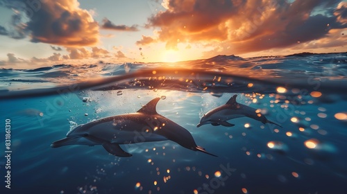 Dolphins Playfully Swimming...