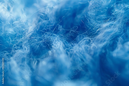 Macro shot detail fuzzy blue wool fibers viewed under microscope
