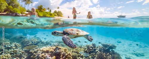 Idyllic Underwater Seascape with Sea Turtle Hatchling and Family Beach Day