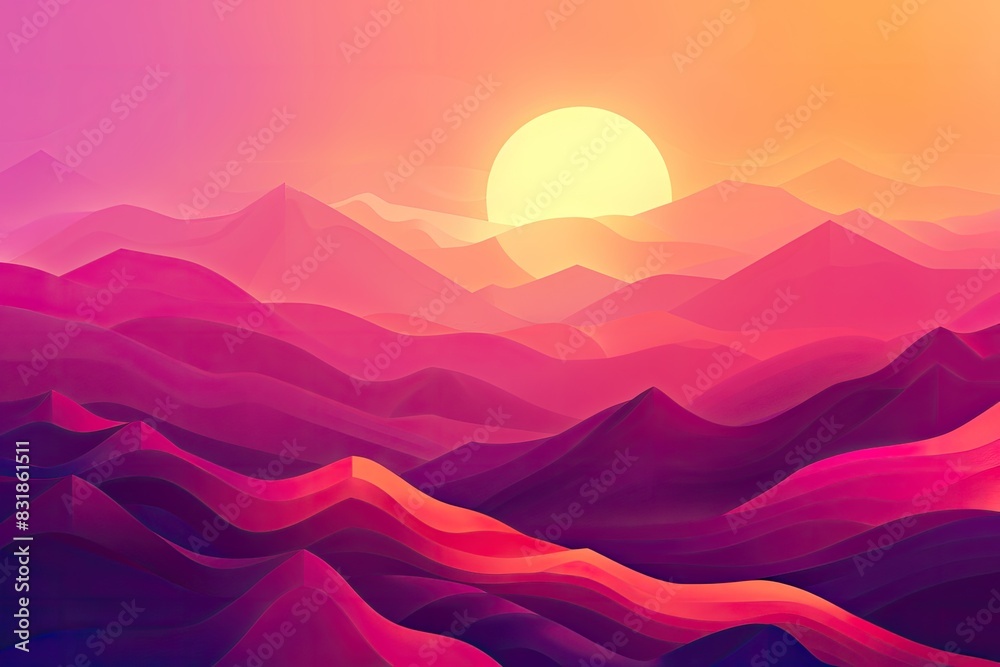 Rolling hills with a vibrant sunset background
