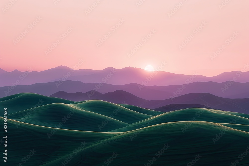 Tranquil countryside with rolling hills and a sunset background