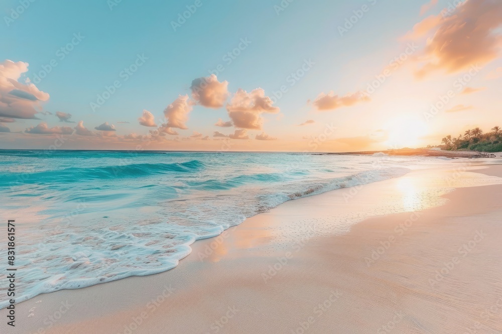 Calm beach with gentle waves and a stunning sunset background