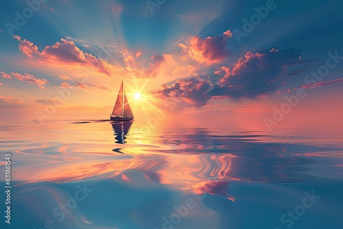 Sailboat gliding on calm waters with a stunning sunset background photo