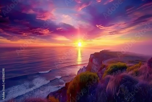 Cliffside view of the ocean with a dramatic sunset background photo