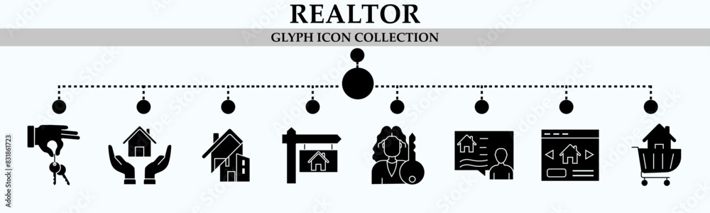 Realtor glyph icon collection. Included the icons as realty, property, mortgage, home loan and more. Simple vector illustration Realtor glyph icon collection. Included the icons as realty, property, mortgage, home loan and more. Simple vector illustration