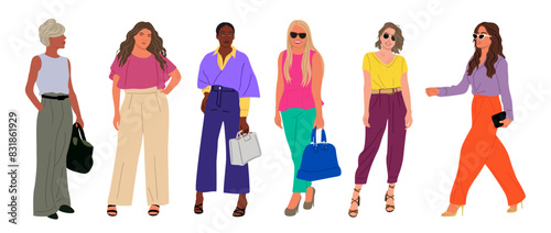 Modern women collection. Vector realistic illustration of diverse multicultural standing cartoon girls in smart casual summer office outfits. Isolated on transparent background.